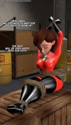 1girls 3d bondage bound bound_legs bound_wrists closed_eyes clothed_bondage english_text gag gagged helen_parr latinkaixa tape_gag the_incredibles web_address