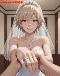 1girls ai_generated artifical_art big_breasts blonde_female blonde_hair bride curvy_figure light-skinned_female light_skin mature_female mature_woman milf mitsuki_bakugou mommy mother my_hero_academia natural_breasts red_eyes seductive short_hair voluptuous_female