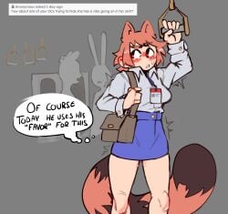 2023 5_fingers absurd_res animal_ears animal_humanoid ask_blog background_character black_text blue_bottomwear blue_clothing blue_skirt blush bodily_fluids bottomwear breasts canid canid_humanoid canine canine_humanoid clothed clothed_female clothed_humanoid clothing collared_shirt derpyfox_36 digital_drawing_(artwork) digital_media_(artwork) dress_shirt ear_blush english_text eyebrow_through_hair eyebrows female female_humanoid fingers genital_fluids grey_background hair handbag hi_res hidden_vibrator humanoid id_card lanyard light_body light_skin looking_aside mammal mammal_humanoid markings mona_(derpyfox_36) orange_ears orange_eyebrows orange_hair public purse rapid_transit ring_(marking) ringed_tail sex_toy shirt simple_background skirt striped_markings striped_tail stripes sweat tail tail_markings tanuki_humanoid text thought_bubble topwear translucent translucent_hair vaginal_fluids vehicle vibrator white_clothing white_shirt white_topwear