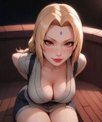 ai_generated bdmaestro cleavage female leaning_forward looking_at_viewer smile tsunade