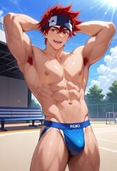 abs ai_generated amber_eyes armpit_hair arms_up biceps blush gay hand_on_head headband jockstrap jockstrap_only looking_at_viewer male male_only muscular muscular_male nude_male red_hair reki_kyan sk8_the_infinity smile toned_body toned_male twall97