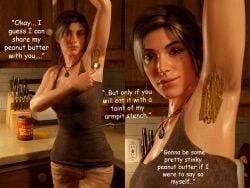 3d armpit_fetish armpit_focus armpits blender clothed fully_clothed holding_spoon lara_croft lara_croft_(survivor) multiple_images peanut_butter spoon tank_top text theblendertaper tomb_raider tomb_raider_(survivor)