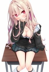 black_nails cardigan female hand_covering_mouth head_tilt highres knees_together_feet_apart mana_(yoye_(pastel_white)) multicolored_hair off_shoulder on_desk original pleated_skirt red_eyes school_uniform solo yoye_(pastel_white)