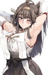 1girls armpits arms_behind_head big_breasts blowing_kiss blue_eyes blush breasts brown_hair busty highres japanese_clothes kantai_collection kongou_(kantai_collection) large_breasts long_hair looking_at_viewer one_eye_closed pose posing puckered_lips sensual sexy_armpits sideboob wink zekkyon