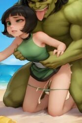 adult_version ai_generated beach, black_hair buttercup_(powerpuff_girls) crossover cum green_clothes green_eyes green_skin hulk interspecies marvel pleasure_face powerpuff_girls pulling_panties sex sex_from_behind short_hair