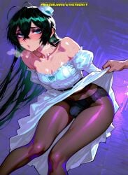 1boy ai_generated blush femboy green_hair male male_only otoko_no_ko panties stockings sweat sweating trap