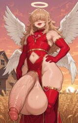 1boy ai_generated angel angel_wings crotch_cutout dress elbow_gloves feathered_wings femboy hair_over_eyes halo hand_on_hip heart_gem hyper hyper_balls hyper_penis light_brown_hair lipstick long_hair looking_at_viewer navel navel_cutout otoko_no_ko pointy_ears precum red_dress red_elbow_gloves red_gloves red_lipstick red_thighhighs slightly_muscular solo solo_male thick_lips thick_thighs thigh_highs wide_hips