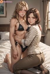 2girls ai_generated bed black_bikini blonde_hair blush brown_hair dizbabes eva_(metal_gear_solid) imminent_sex kneeling lesbian looking_at_viewer metal_gear metal_gear_solid metal_gear_solid_3 para-medic smile stable_diffusion yuri