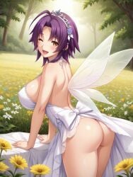 1girls ahoge ai_generated ass azuma_marina bare_shoulders big_ass big_breasts breasts cleavage fairy fairy_wings female field flower flower_in_hair hair_ornament huge_ass huge_breasts isogil kashidashi_tsuma_marina_no_"netorase"_houkoku_binkan_tsuma_to_zetsurin_daigakusei leotard looking_at_viewer nipples purple_hair sexy_pose shiny_skin short_dress short_hair thick_thighs thighs transparent_clothing wink winking winking_at_viewer