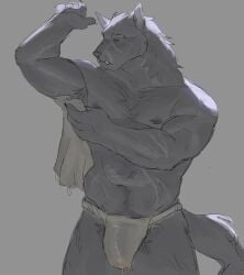 2025 abdominal_scar anthro arm_scar armpit_hair asian_clothing belly_hair biceps blaidd_(elden_ring) bodily_fluids body_hair bulge canid canine canis clothed clothing deltoids detailed_bulge dripping droplets east_asian_clothing elden_ring facial_scar fromsoftware fundoshi fundoshi_only genital_fluids genital_outline grey_background hi_res holding_object holding_towel japanese_clothing male mammal manly muscular nipples nsfboxers pecs penis_outline precum precum_drip pubes raised_arm scar simple_background solo topless towel triceps underwear underwear_only washing_self water_drop wolf