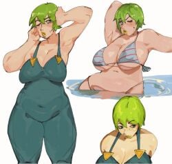 2025 armpits belly big_breasts bikini blue_eyes chubby chubby_female foo_fighters green_hair jojo's_bizarre_adventure lipstick overalls overalls_only ryota_ravioli shounen_jump stone_ocean