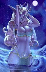 2024 accessory bikini blizzard_entertainment blue_eyes clothed elf elf_ears elf_female elf_girl female goddess hd long_hair meylin_tyan moon moonlight navel_piercing night_elf piercing piercings purple_skin sky warcraft white_hair world_of_warcraft