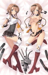 areolae blue_eyes blush boots braid breasts brown_hair dakimakura female grey_eyes hairband high_heels highres kantai_collection kochipu long_hair looking_at_viewer lying miniskirt multiple_views navel nipples on_side panties propeller_hair_ornament red_panties self_fondle skirt skirt_tug smile teruzuki_(kantai_collection) tied_hair torn_clothes torn_panties twin_braids underwear