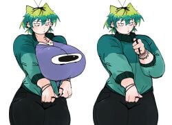 alien_girl ass_bigger_than_head big_ass big_breasts ear_piercing green_hair huge_breasts jeans roach rochi rochi(rrrroch1) rrrroch1 taller_girl tattoo tomboy