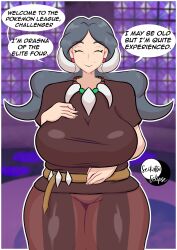 alternate_version_at_source alternate_version_available artist_logo artist_name big_breasts breasts closed_eyes commission drasna_(pokemon) english_text gilf grey hair huge_breasts nintendo pokemon pokemon_xy seikatsueclipse speech_bubble