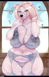 absurd_res anthro areola bear big_breasts bracelet breast_squish breasts clothed clothing curvy_figure eyewear female fur genitals glasses hair heart_symbol hi_res jewelry looking_at_viewer mammal nipples polar_bear pussy rayka smile solo squish thick_thighs ursine voluptuous white_hair