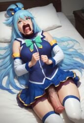 1futa ai_generated aqua_(konosuba) aqua_screaming_(meme) babski326 bare_shoulders bed blue_eyes blue_hair blue_skirt breasts crying crying_with_eyes_open detached_sleeves equine_penis flaccid futa_only futanari hair_ornament hair_rings horsecock horsecock_futanari huge_cock kono_subarashii_sekai_ni_shukufuku_wo! large_breasts long_hair lying lying_on_back lying_on_bed no_panties on_back on_bed open_mouth penis pillow skirt solo solo_futa tears thighhighs tongue tongue_out top_view white_thighhighs