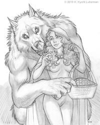 1girls anthro anthro_on_female anthro_on_human basket beast beauty_mark big_bad_wolf curly_hair female_on_anthro hood human human_on_anthro kyoht kyoht_luterman licking_lips little_red_riding_hood monochrome nude nude_female pubic_hair small_breasts werewolf wolf