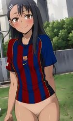 1girls black_hair bottomless brown_eyes brush edit fc_barcelona female female_only hayase_nagatoro human long_hair looking_at_viewer nekom14 no_panties please_don't_bully_me,_nagatoro pussy smiling smiling_at_viewer soccer_jersey solo tanline tbaanime third-party_edit