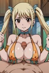 1boy 1girls ai_generated aindroidparanoid big_breasts bikini blonde_hair brown_eyes covered_nipples dark-skinned_male fairy_tail hands-free_paizuri interracial large_breasts light-skinned_female looking_at_viewer lucy_heartfilia paizuri paizuri_under_clothes penis penis_between_breasts pov solo_focus stable_diffusion straight twintails