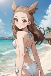 ai_generated ass beach blush bubble_butt gym_leader jasmine_(pokemon) jasmineolivine light_smile looking_at_viewer looking_back ocean pokemon sideboob suggestive suggestive_look white_bikini