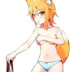 ai_generated animal_ears blonde_hair blush cookie_(touhou) covering_breasts covering_privates female fox_ears fox_girl miramikaru_riran nucky☆ panties tail underwear undressing yellow_eyes