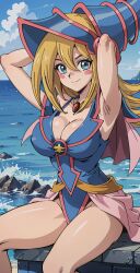 1girls ai_generated aindroidparanoid beach blonde_hair blue_eyes cleavage dark_magician_girl duel_monster female hand_on_head hands_over_head hat huge_breasts looking_at_viewer sand sea sitting smile stable_diffusion yu-gi-oh! yu-gi-oh!_duel_monsters