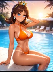 2025 ai_generated belly bikini_tan black_dot_eyes blue_eyes_female brown_eyebrows brown_hair_female cyberdelta271 deviantart eyebrows_visible_through_hair female female_only flower_crown flower_earrings golden_crown hand_on_hair hand_on_head inviting_viewer legs_on_water looking_at_viewer mario_(series) medium_hair nintendo orange_bikini orange_blush orange_lips pool_background princess_daisy sitting_on_lap smile_at_viewer smiling_at_viewer super_mario_bros. tanned-skinned_female tanned_body tanned_female tanned_girl tanned_skin tummy wet_body wet_face wet_head