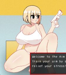 big_ass big_breasts blonde_hair eva_(lethal_cumpany) holding_weapon lethal_company lethal_cumpany nipple_bulge sitting thick_thighs underwear wide_hips