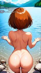 ai_generated back back_view boku_no_hero_academia brown_eyes legs medium_breasts my_hero_academia nipples ochako_uraraka short_hair small_eyes smile smiling sweat sweatdrops sweaty uraraka_ochako