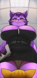 ambiguous_gender anthro biped breasts camel_toe chelodoy cleavage clothed clothing domestic_cat duo felid feline felis female hair hi_res kara_(chelodoy) low-angle_view mammal orange_eyes purple_body purple_hair yellow_sclera