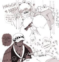 2024 anthro ass backsack balls bear bepo blush clothing duo ear_piercing ear_ring english_text gay genitals hat headgear headwear heart_symbol hi_res human male_only mammal minkmen_(one_piece) nekokat42 one_piece penis piercing polar_bear ring_piercing tattoo text trafalgar_law ursine yaoi