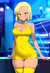 1girls ai_generated angol_mois bare_arms bare_legs bare_shoulders bare_thighs blonde_hair blush brown_eyes clothed clothing color dress female female_focus female_only hi_res keroro_gunsou light-skinned_female light_skin looking_at_viewer nightclub short_hair solo solo_female tagme thick_thighs yeeting