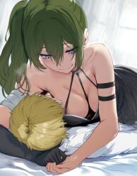 1boy 1girls armlet armpit_fetish armpits bare_shoulders bed bedroom big_breasts blonde_hair breasts busty cleavage dress female female_focus gloves green_hair hews hews_hack hourglass_figure land_(sousou_no_frieren) long_hair male ponytail purple_eyes short_dress short_hair side_ponytail sousou_no_frieren tagme ubel_(sousou_no_frieren) wide_hips