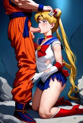 ai_generated anime artist_request bishoujo_senshi_sailor_moon blonde_hair boots choker clothing crossover crying crying_with_eyes_open defeated defeated_heroine dragon_ball earrings elbow_gloves forced_oral gloves heel_boots magical_girl oral_sex partial_male red_boots red_choker ribbon sailor_moon sailor_uniform skirt son_goku source_request straight tears tiara torn_clothes torn_gloves torn_skirt twintails usagi_tsukino weird_crossover white_gloves