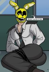 afton big_butt black_pants dave_miller five_nights_at_freddy's fnaf fnaf_novels male_only mask mixanprixa rabbit_mask text_bubble the_silver_eyes tie tied_up white_shirt william_afton yaoi