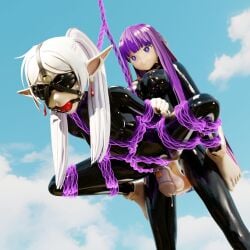 3d 3d_model ball_gag balls blindfold bondage breasts chastity_cage chastity_device drooling earrings elf elf_ears elf_futanari fern_(sousou_no_frieren) frieren futa_on_futa futa_only futadolly futanari latex latex_suit low-angle_view magic orgasm_denial pointy_ears precum purple_eyes purple_hair rape rope rope_bondage rope_harness see-through self_upload sousou_no_frieren twintails white_hair zy0n7