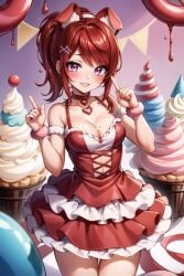 1girls ai_generated animal_ears bangs bare_shoulders birthday blush breasts cake candy choker cleavage collarbone dress food hair_ornament happy icing long_hair looking_at_viewer medium_breasts megazard pointing red_dress red_hair smile solo tagme zena_vr