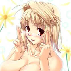 arcueid_brunestud bespectacled blonde_hair blush breasts collarbone commentary_request female flower glasses hair_intakes hands huge_breasts miyai_sen red_eyes slit_pupils smile solo tsukihime upper_body