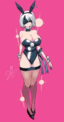 1girls big_breasts blindfold breasts bunny_ears bunny_girl bunnysuit female female_focus female_only fishnets hairband high_heels light-skinned_female light_skin nier nier:_automata omochi_db pink_background short_hair solo standing thick white_background white_hair yorha_2b