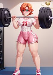 1girls ai_generated cameltoe female female_only ginger ginger_hair gym gym_uniform human jlullaby_(style) nora_valkyrie orange_hair pink_shorts rwby see-through_clothing solo sweat sweating tagme twistedpeach workout workout_clothes