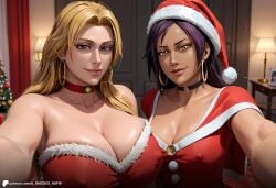 ai_assisted ai_baddies ai_generated bleach bleach:_the_thousand-year_blood_war christmas christmas_outfit close-up cowboy_shot dark_skin festive gift holidays inside large_breasts light_skin looking_at_viewer matsumoto_rangiku orange_hair party patreon patreon_link patreon_logo patreon_url patreon_username purple_hair red_dress santa_costume santa_hat selfie shihouin_yoruichi small_breasts smirk