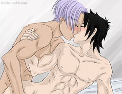 2boys arm_grab balls bed black_hair black_hair_bottom blush closed_eyes collarbone couple domination dragon_ball dragon_ball_z duo eyebrows_visible_through_hair gay kalcia kissing light_hair_on_dark_hair male male_only multiple_boys multiple_males muscles neck nude on_bed passionate purple_hair purple_hair_on_black_hair purple_hair_top short_hair son_goten trunks_briefs yaoi