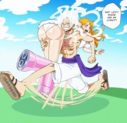 artist_signature ass bubble_butt dat_ass female light-skinned_female light-skinned_male long_hair male monkey_d_luffy nami one_piece one_piece:_egghead_arc orange_hair post-timeskip running shampowrado speech_bubble white_clothing white_hair white_panties