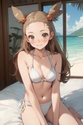 ai_generated beach blush breasts gym_leader jasmine_(pokemon) jasmineolivine looking_at_viewer ocean pokemon sitting sitting_on_bed smile suggestive suggestive_look suggestive_pose white_bikini