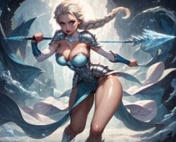 1girls ai_generated blue_eyes boob_window cleavage elsa_(frozen) frozen_2 league69 long_hair solo thighs weapon white_hair