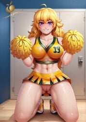 ai_generated cheerleader cheerleader_uniform jlullaby_(style) no_panties rwby sweat tagme twistedpeach wet wet_pussy yang_xiao_long