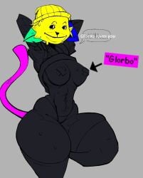 1girls beanie belly belly_button black_body black_eyes black_fur blue_ears female female_only glorbo_(xexeezy) medium_breasts meme multicolored_fur nipple_bulge purple_tail smile solo sweat sweatdrop sweating taped_nipples thick_thighs thin_waist toned_female weird xexeezy yellow_fur