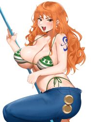 1girls bikini breasts female female_only hi_res hips huge_breasts jeans kevbot light-skinned_female light_skin long_hair nami naughty_face one_piece orange_hair post-timeskip striped_bikini thick_thighs thighs wide_hips