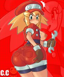 1girls ass_grab bare_breasts big_ass big_breasts blonde_hair champchidi dumptruck_ass fat_ass female female_only grabbing_own_ass hat humanoid looking_down mega_man mega_man_legends nipples robot_girl robot_humanoid roll_caskett shocked shocked_expression shorts solo_focus sweat sweatdrop thick_thighs